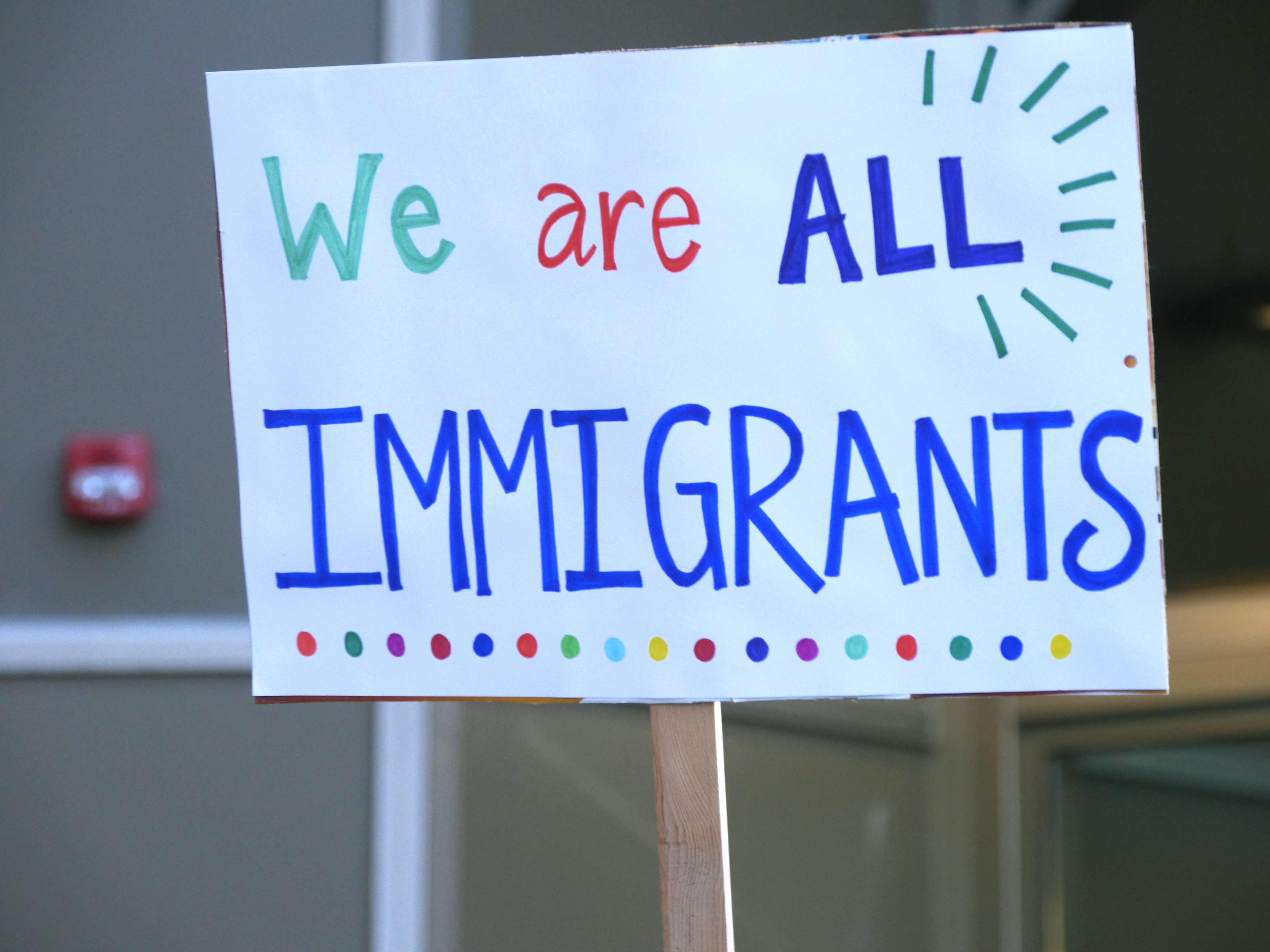 A sign held by Juneau resident Karri Willoughby at a rally at the Alaska state Capitol on Jan. 30, 2017. Protesters rallied against President Donald Trump’s executive order denying immigrants from seven Muslim countries the right of entry into the United States. (Photo by Skip Gray/360 North)
