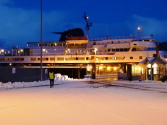 The Taku loads in Sitka Sunday morning before sailing to Hoonah and Juneau. It was then tied up for repairs. Photo by Ed Schoenfeld.