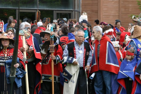 Dancers and leaders line up outside Juneau's Centenial Hall during Celebration 2006. Photo courtesy Ben Paul, Sealaska Heritage Institute.