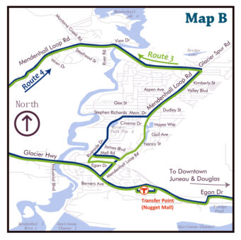 Map B represents a change to Route 4 that would provide service to a portion of Riverside Dr (between Stephen Richards Dr and Mendenhall Mall Rd) while eliminating southbound service from a 1.7-mile portion of Mendenhall Loop Rd (between Stephen Richards Dr and Mendenhall Mall Rd).