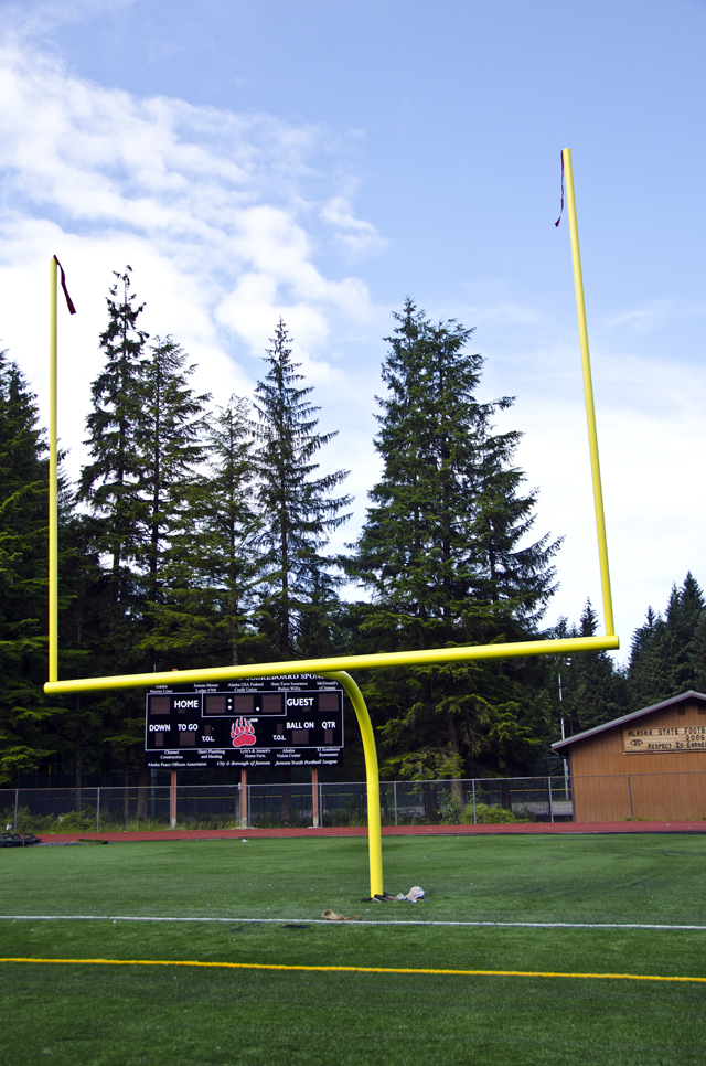 The goal posts went up Saturday at Adair Kennedy Memorial Field.