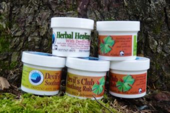 Back Bay Botanicals products include devil’s club soothing rub and healing ointment.