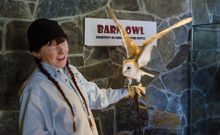 Irene Morrise and Nugget the barn owl teach children about owls.