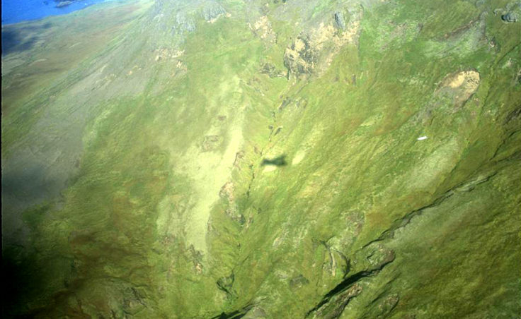 View of Kiska hillside where Lt. Henry Hubbard's B-24 went down.