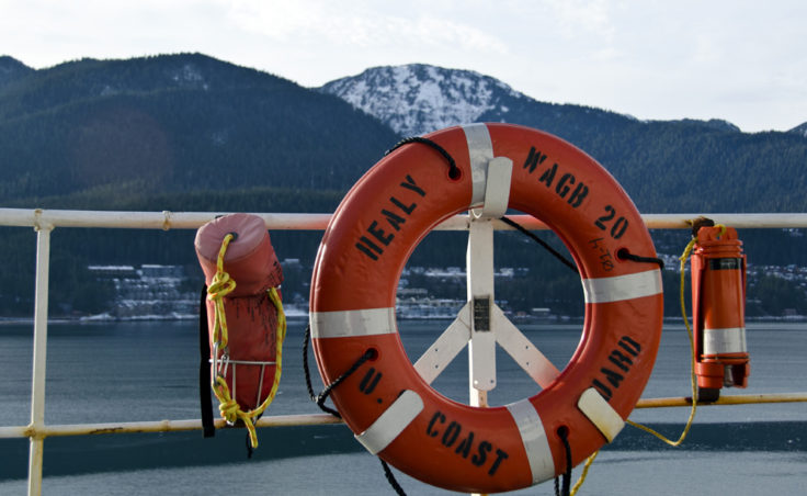 A life preserver on the deck of the Healy.