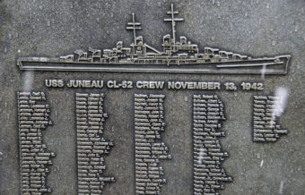 Names of the sailors lost when the USS Juneau sank are engraved on two plaques.