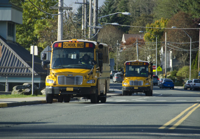 School buses line up to pick up students near Juneau-Douglas High School in 2012.