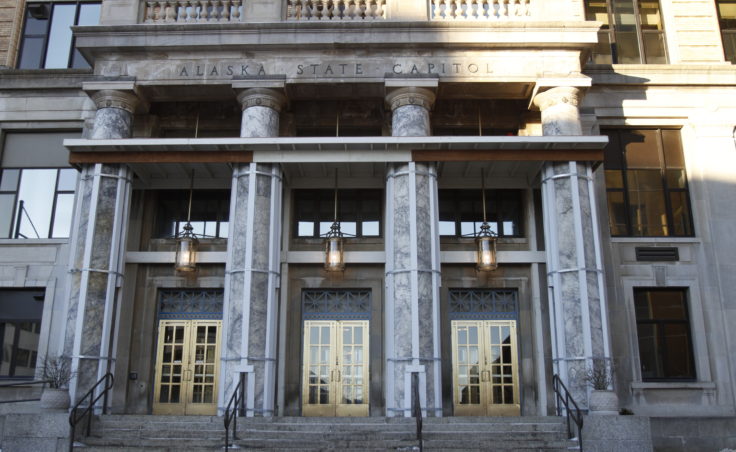 The portico of the Alaska State Capitol Building is in the process of remodeling to repair the portico which has experience weather and seismic damage over the years.