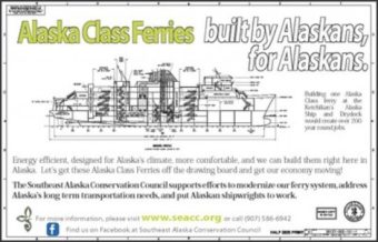 This poster from the Southeast Alaska Conservation Council promoted the Alaska Class Ferry over road-building.