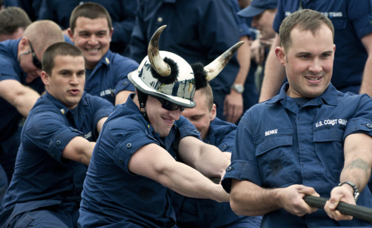 Ensign William Stark sported a viking helmet throughout the tug-of-war competition. The Olympics are part of the 2012 U.S. Coast Guard Buoy Tender Round-up.