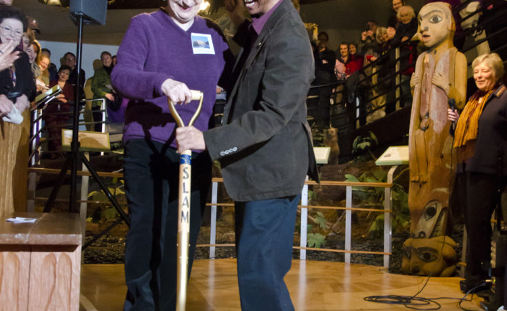 Phyllis DeMuth, member of the 1967 Alaska State Museum Committee, and Ron Inouye, representative of the Alaska Historical Society break ground.