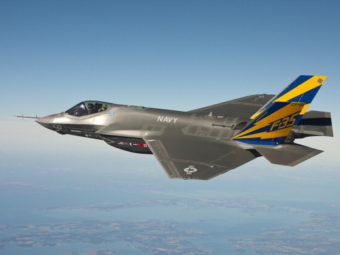 In this image released by the U.S. Navy the U.S. Navy variant of the F-35 Joint Strike Fighter, the F-35C, conducts a test flight over the Chesapeake Bay. U.S. Navy/Getty Images