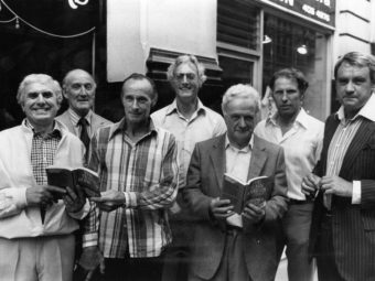 The Great Train Robbers, left to right: Buster Edwards, Tom Wisbey, Jim White, Bruce Reynolds, Roger Cordrey, Charlie Wilson and Jim Hussey, with copies of their book 'The Train Robbers' in 1979. Michael Fresco/Getty Images