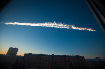 In this photo provided by Chelyabinsk.ru a meteorite contrail is seen over Chelyabinsk on Friday. Yekaterina Pustynnikova/AP