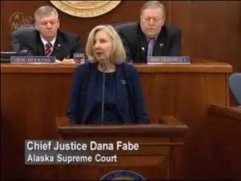 Chief Justice Dana Fabe addresses a joint session in Juneau on Feb. 13, 2012. (Image courtesy Gavel Alaska)