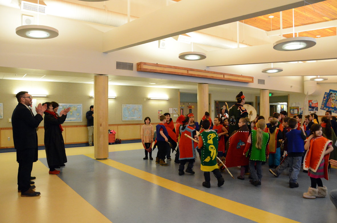 Visitors from the Kennedy Center a group of students perform a Tlingit dance at Glacier Valley Elementary.