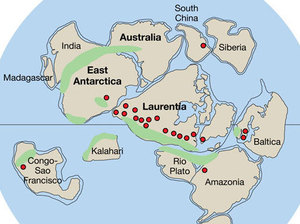 Rodinia. Mauritia is shoehorned between India and Madagascar. United States Antarctic Program/Wikipedia Commons