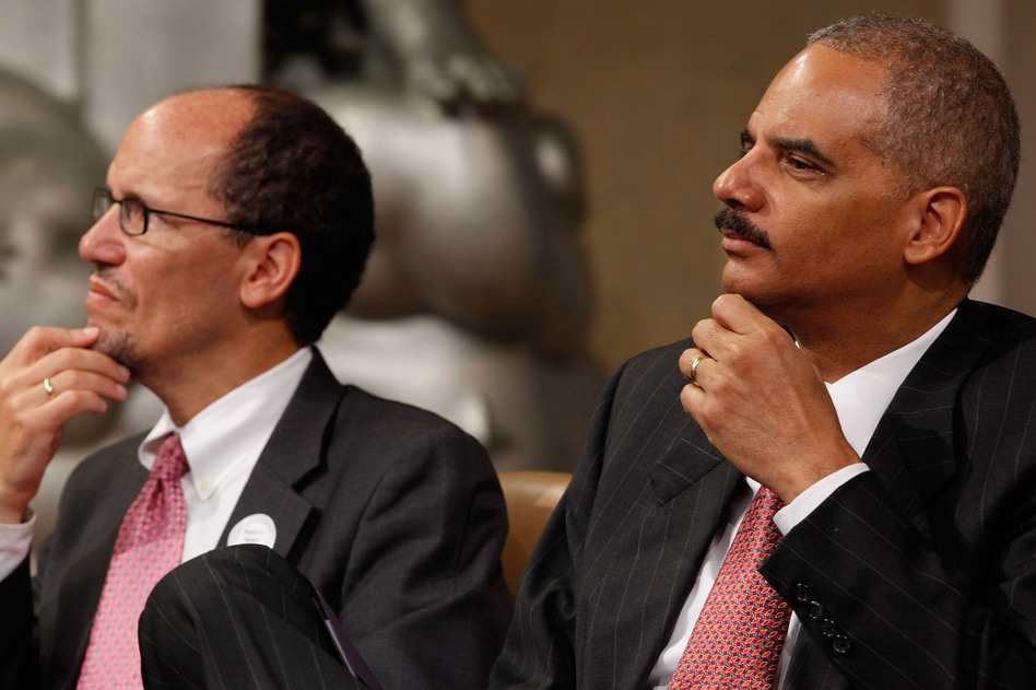 Attorney General Eric Holder (R) and Assistant Attorney General for the Civil Rights Division Thomas Perez in 2010 in Washington, D.C. Chip Somodevilla/Getty Images