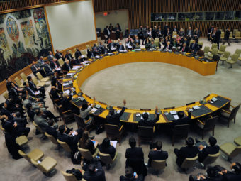 U.N. Security Council members vote to adopt sanctions against North Korea on Thursday. Emmanuel Dunand/AFP/Getty Images