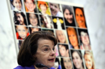 Pictures of Newtown's Sandy Hook Elementary School shooting victims are displayed as Senate Judiciary Committee chairperson Dianne Feinstein speaks during a hearing on "The Assault Weapons Ban of 2013" at the Hart Senate Office Building in Washington, DC, on February 27, 2013. Jewel Samad /AFP/Getty Images