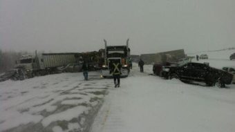 A blizzard traps cars, trucks and even a cattle car on a Canadian highway, causing dozens of mild injuries. Derek Fildebrandt/Twitter