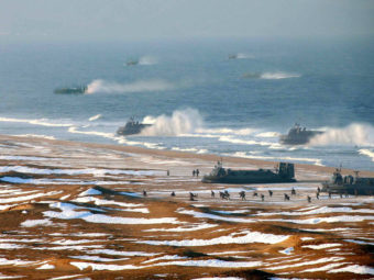 North Korean "landing and anti-landing drills" are shown in a photo released Tuesday. KCNA/AFP/Getty Images