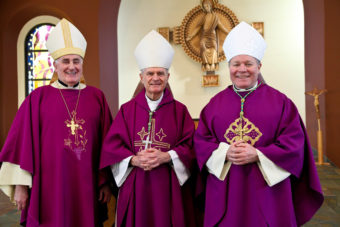(Photo above) The three Bishops of Alaska pictured while gathered in Anchorage for a recent Alaska Priests’ Convocation. From left to right: Bishop Donald Kettler, Fairbanks; Archbishop Roger Schwietz, Anchorage; Bishop Edward Burns, Juneau. Photo by Ron Nicholl, Anchorage.