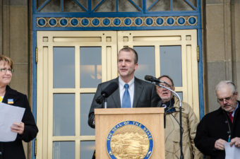 DNR Commissioner Dan Sullivan led the Juneau rally. (Photo by Heather Bryant/KTOO)