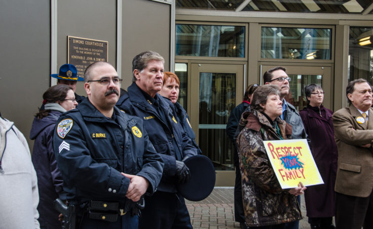 Members of the Juneau Police Department and Juneau detachment of the Alaska State Troopers attended the rally. (Photo by Heather Bryant/KTOO)