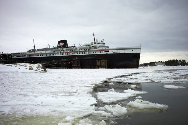The nation's last coal-burning ferry, the SS Badger, sits on Lake Michigan in the port town of Ludington, Mich. The EPA permit that has long allowed the ship to dump coal ash into the lake is now under review. Courtesy photo for NPR