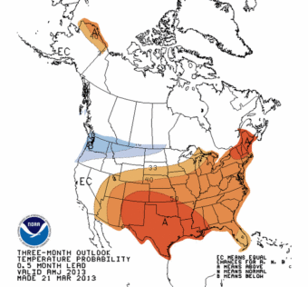 A map showing above-normal temperatures in an orange hue. Below-normal temperatures are shown in blue. NOAA
