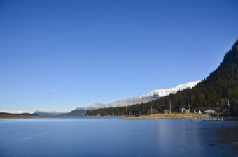 A bright blue sky shines over Twin Lakes.