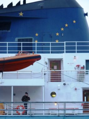 The ferry Matanuska docks in Wrangell, giving a passenger a chance to make a cell phone call. (Ed Schoenfeld/ CoastAlaska News)