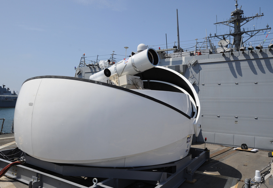 The Laser Weapon System (LaWS) temporarily installed aboard the guided-missile destroyer USS Dewey in San Diego, Calif. John F. Williams/U.S. Navy