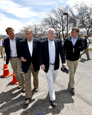 From left, Sen. Jeff Flake, R-Ariz., Sen. Chuck Schumer, D-NY, Sen. John McCain, R-Ariz., and Sen. Michael Bennett, D-Colo, arrive at a news conference after their tour of the Mexico border with the United States on Wednesday in Nogales, Ariz. The senators are part of the "Gang of Eight," a larger group of legislators collaborating on changes to immigration. Ross D. Franklin/AP