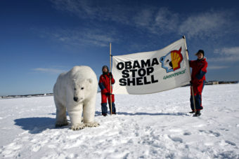 Paula the Polar Bear in front of Helsinki encouraging president Obama to stop Shell's Arctic drilling.