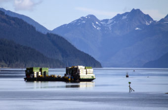 A barge departs from the Alaska Marine Lines dock in downtown Juneau.