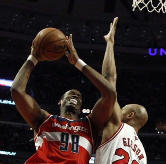 Jason Collins (left), then of the Washington Wizards, during a game this month against the Chicago Bulls. Jim Young /Reuters /Landov