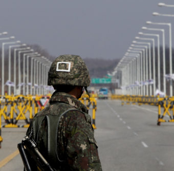 A South Korean soldier stands at a military checkpoint connecting South and North Korea at the Unification Bridge last week in Paju, South Korea. Chung Sung-Jun/Getty Images