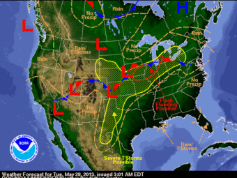 Tuesday's weather is expected to be bad from Texas up into the nation's midsection and across to the Great Lakes.