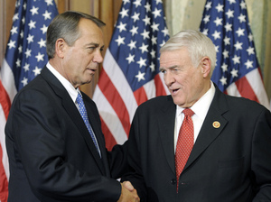 Texas Republican Rep. John Carter (right), a member of the bipartisan group, with House Speaker John Boehner in January. Cliff Owen/AP