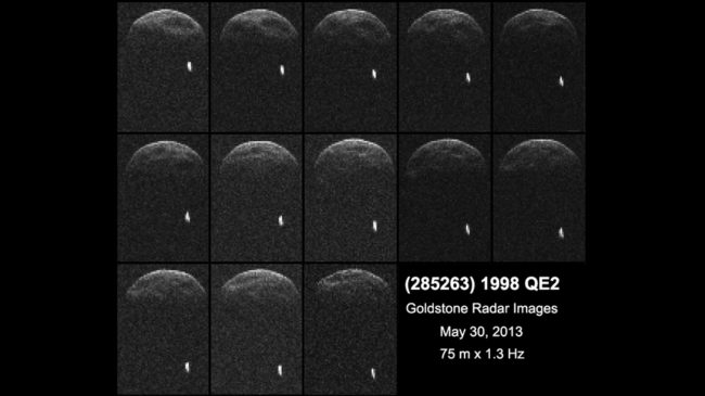 Radar images of asteroid 1998 QE2, taken when the cosmic traveler was about 3.75 million miles from Earth, revealed that the asteroid, with a 1.7-mile diameter, has a moon or satellite revolving around it. NASA/JPL-Caltech/GSSR