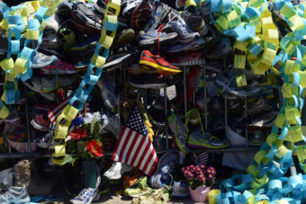 The memorial site in Copley Square to the Boston Marathon bombings is seen on Boylston Street on Tuesday. Darren McCollester/Getty Images