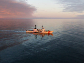 The Coast Guard Cutter Hamilton steams toward Barrow to perform a search and rescue drill for the first time in the arctic in 2008.