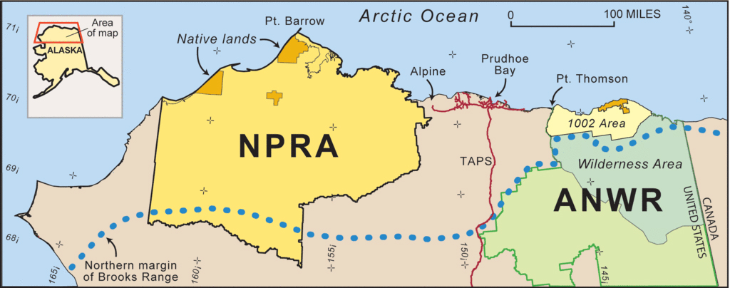 Map of northern Alaska showing location of Arctic National Wildlife Refuge, ANWR-en:1002 area, and the National Petroleum Reserve-Alaska (NPRA).