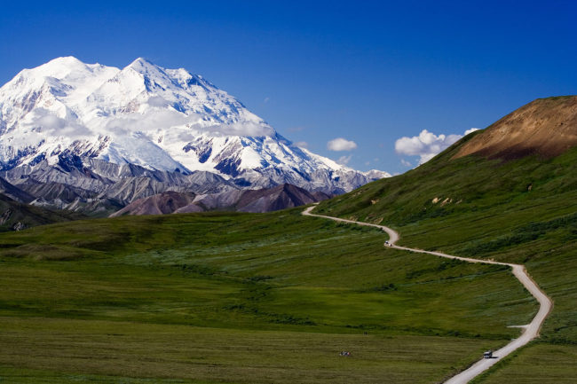 Down the valley towards Denali with the park road winding its way.