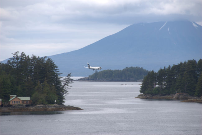 An Alaska 737-800 on approach to the Sitka Airport.
