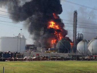 The plant on fire after it reportedly exploded Thursday in the town of Geismar, La. Ryan Meador/AP