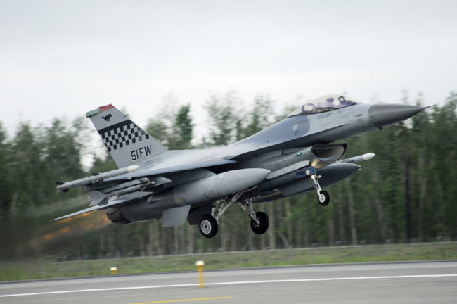 A U.S. Air Force F-16 Fighting Falcon fighter aircraft assigned to the 36th Fighter Squadron (FS) launches June 11, 2012, during Red Flag-Alaska 12-2 at Eielson Air Force Base, Alaska. The F-16 is a compact, highly maneuverable fighter aircraft, vastly proven in air-to-air combat and air-to-surface attack. The 36th FS is out of Osan Air Base, South Korea. (U.S. Air Force photo by Staff Sgt. Jim Araos)
