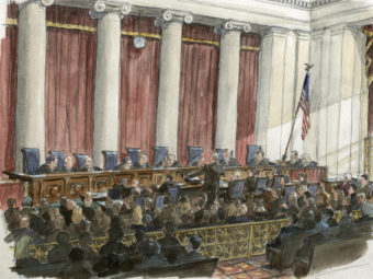 An artist's sketch of the scene during a U.S. Supreme Court hearing earlier this year. Art Lien /Reuters / Landov